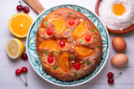 Coca de Sant Joan. Traditional San Juan cake to celebrate the arrival of summer in Spain made with...