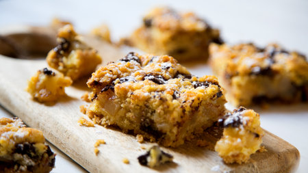 Pear and chocolate crumble. The crumble is a cake with fruits. It is made with various fruits that...