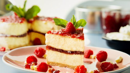 Tart with red fruits such as raspberries, strawberries, blackberries or blueberries.の写真素材