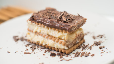 Biscuit cake with chocolate cream.