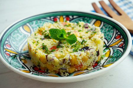 Couscous salad with assorted vegetables and chickpeasの写真素材
