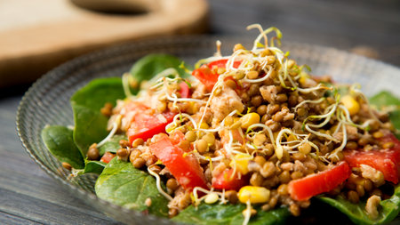 Delicious and healthy summer salad with lentils and vegetables.の写真素材