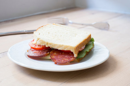 Delicious sandwich with premium salami cut and salad.の写真素材