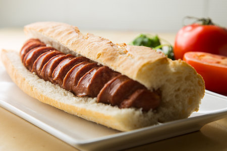 Hot dog Delicious sandwich with pork sausage. Frankfurt style.の写真素材