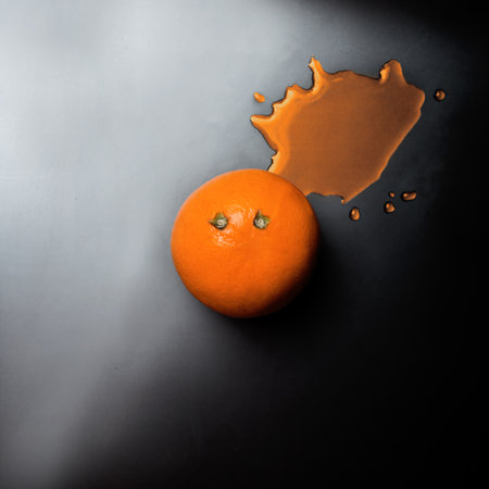 An orange with a face and a drop of liquid on itの写真素材