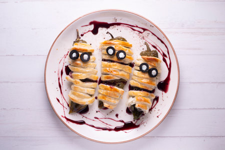 Halloween recipe. Mummy-shaped fried green peppers.の写真素材