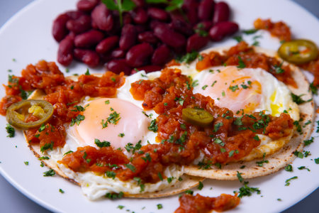 Huevos rancheros are a traditional Mexican breakfast, which basically consists of: fried eggs on corn tortillas with a sauce made from tomatoes,の写真素材