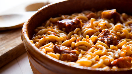 Casserole noodles with pork rib. Traditional Spanish tapa recipe cooked in the oven.の写真素材