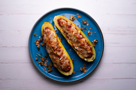 Zucchini stuffed with meat and baked in the oven. Traditional Spanish tapas recipe.の写真素材