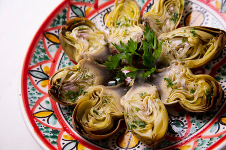 Baked artichokes with salt Traditional Spanish recipeの写真素材