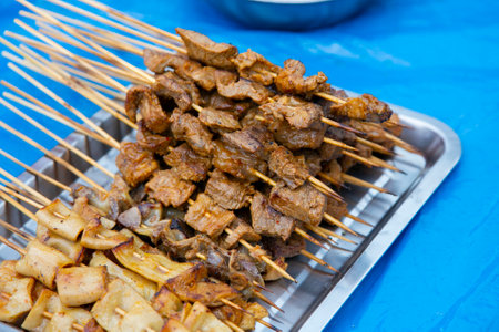 The anticucho is a type of skewer of Peruvian origin, which later became popular in South American countries with different variations. It consists of meat and other foods that areの写真素材