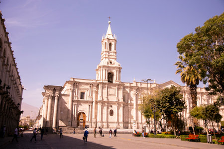Arequipa, Peru 1st October 2022: The Cathedral of Arequipa is the main religious temple of the white city. It has a neo-Renaissance architecture with a Gothic influence.のeditorial素材