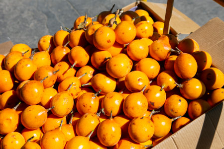Mangoes and papayas at a stall in the central fruit and vegetable market in Arequipa, Peru.の写真素材