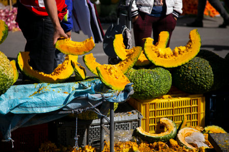 Squash in a street food market in Arequipa. The pumpkin macre or squash is a vegetable native to South America with a greater presence in Peru.の素材 [FY310208618371]