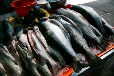 Fresh trout from Titicaca Lake in a fish market in Arequipa in Peru.