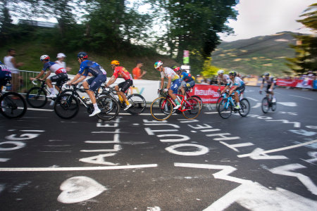 Saint-Gervais-les-Bains, France, 16th July 2023: Peloton of cyclist during the last km at stage 15 in Tour de France 2023.のeditorial素材