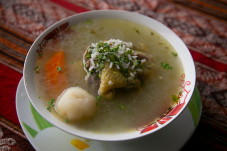 Peruvian chicken broth served in a restaurant in the Peruvian jungle.の写真素材