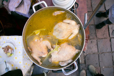 Chicken soup. Chicken broth is a traditional dish of Peruvian gastronomy