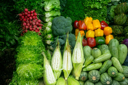 Vegetable stall with corn, peppers, radishes, etc, in the Surquillo de Lima market in Peru.の写真素材