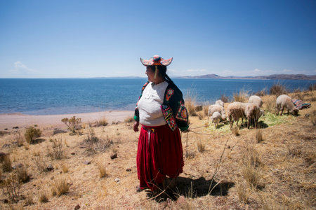 Llachon, Peru; 1st January 2023: Local people from the LlachÃ³n peninsula province on Lake...