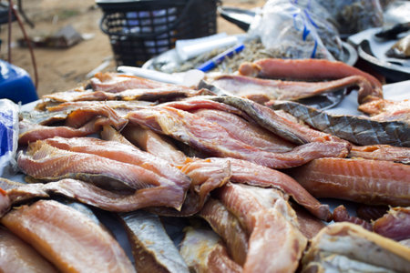 Fish stall at a beach market in Sichon province in southern Thailand.の写真素材