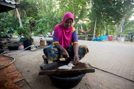 Koh Yao, Thailand; 1st January 2023: Woman cleaning and preparing squid for drying in a fishing village.のeditorial素材