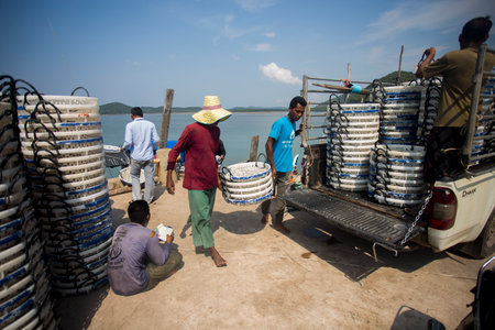 Koh Yao, Thailand; 1st January 2023: Fishermen unloading the day's catch from a boat in Koh Yao harbor at sunset.のeditorial素材