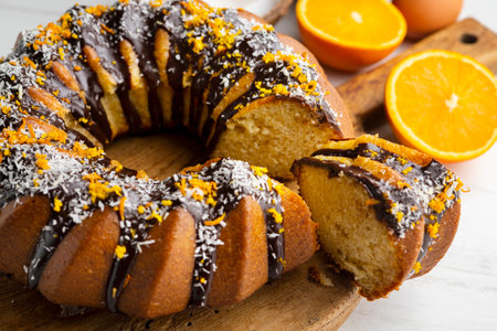 Orange and coconut cake made with a round mold and covered in dark chocolate.