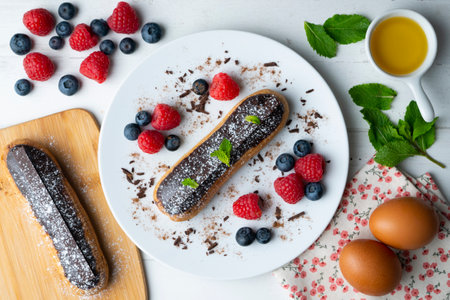 French eclairs filled with chocolate cream and served with fresh cherries.の写真素材