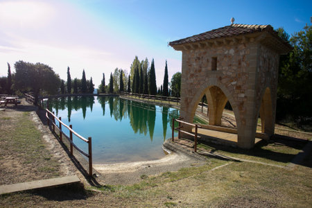 Balsas BASACOL rafts in medieval Alquezar town in Spainの写真素材
