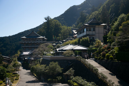 Kumano Kodo, Japan; 1st October 2023: Groups of tourists visiting the temples around Nachi Waterfall at Kumano Nachi Grand Shrine.のeditorial素材