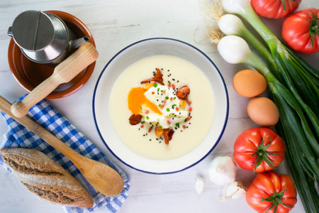 Poached egg with potato cream and mushroomsの写真素材