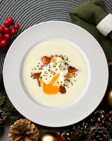 Poached egg with potato cream and mushrooms. Christmas food served on a table decorated with Christmas motifs.の写真素材