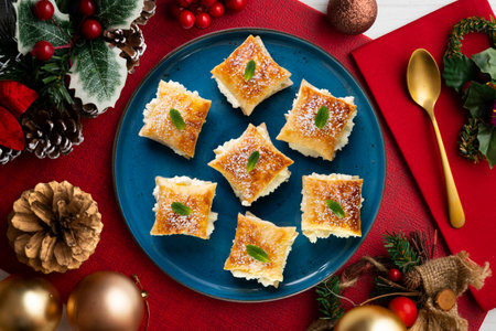 Miguelitos de la Rueda. Traditional Spanish dessert made with puff pastry and cream filling. Christmas food served on a table decorated with Christmas motifs.の写真素材