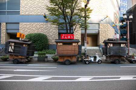Fukuoka, Japan; 1st October 2023: Yatai parked in the street. A Yatai is a small, mobile food stall in Japan typically selling ramen or other food.のeditorial素材