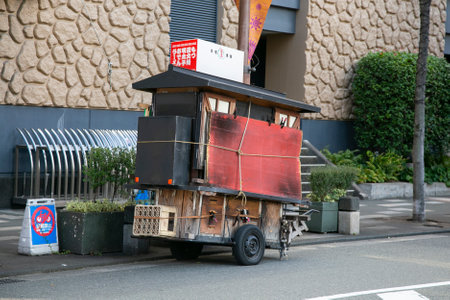 Fukuoka, Japan; 1st October 2023: Yatai parked in the street. A Yatai is a small, mobile food stall in Japan typically selling ramen or other food.のeditorial素材