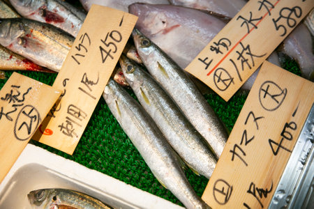 Fukuoka, Japan; 1st October 2023: Interior view of a restaurant and fish shop in Yanagawa.のeditorial素材