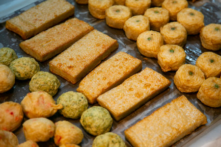 Fried tofu snacks at a Japanese street food market in Tokyo.の写真素材
