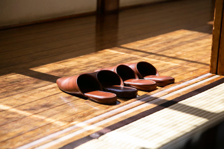 Domestic leather slippers at the entrance of a Japanese house with wooden floors.の写真素材