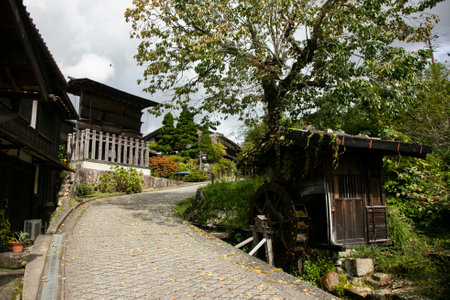 Streets and traditional Japanese houses at Magome Juku town along the Nakasendo trail in Kiso...