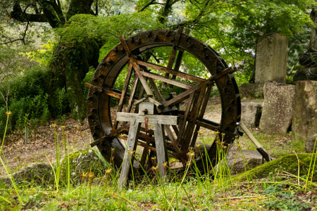 Water wheel and streets and traditional Japanese houses at Magome Juku town along the Nakasendo...