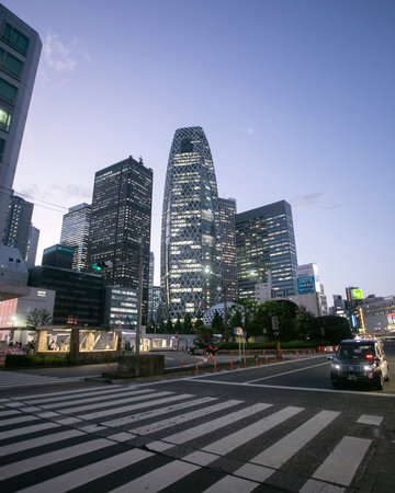 Tokyo, Japan; 1st October 2023: Atmosphere and buildings lights on the streets of the Shinjuku district in the city of Tokyo.のeditorial素材