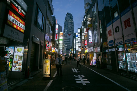 Tokyo, Japan; 1st October 2023: Atmosphere and buildings lights on the streets of the Shinjuku district in the city of Tokyo.のeditorial素材