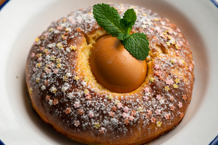 Mona de Pascua, sponge cake with boiled egg. Traditional Spanish dessert for Holy Week