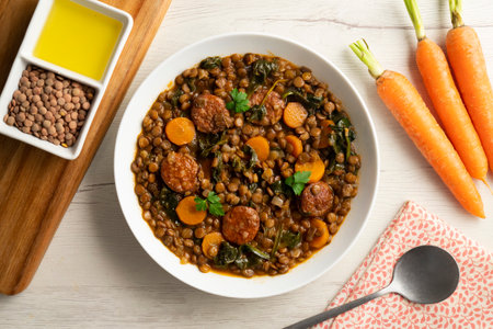Lentil stew with chorizo and carrot. Traditional Spanish recipe.の写真素材