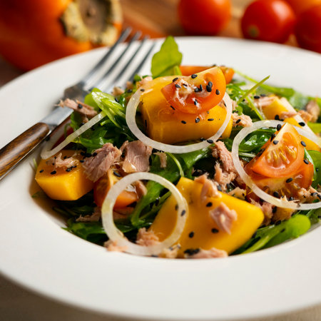 Persimmon, tomato, onion and prickly pear salad.の写真素材