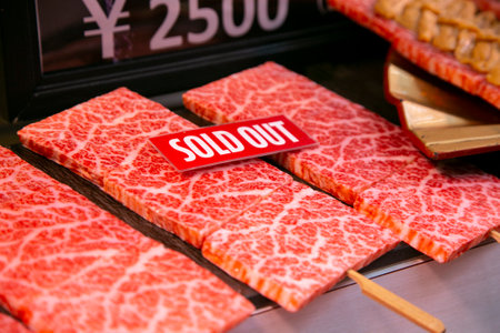 Japanese Kobe Wagyu beef at a food stall at the Tsukiji Outer Market in the city of Tokyo, Japan.の写真素材