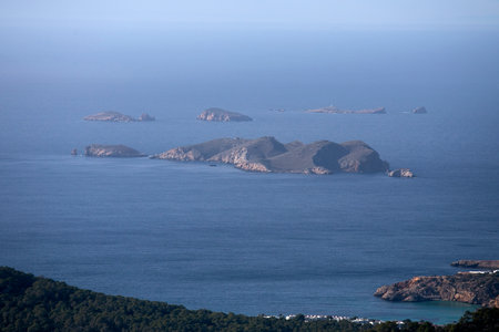 Views of the Cala Comte area on the west coast of Ibiza from the Sa Talaya mountain in Sant Jose.