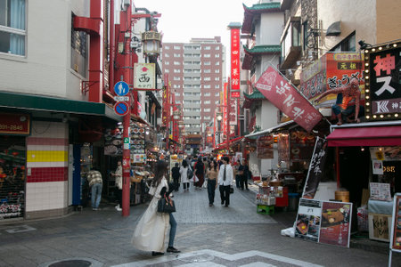 Kobe, Japan; 10th October 2023: Nankinmachi (åäº¬çº) is a compact Chinatown in central Kobe full of street food stands and restaurants.のeditorial素材