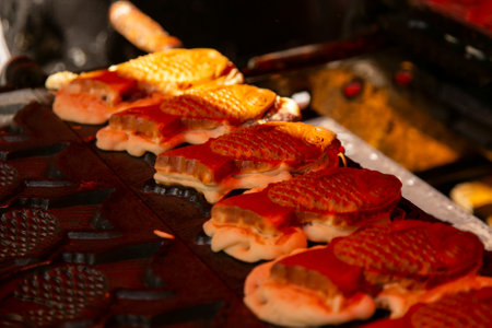 Taiyaki is a Japanese fish-shaped cake, commonly sold as street food.